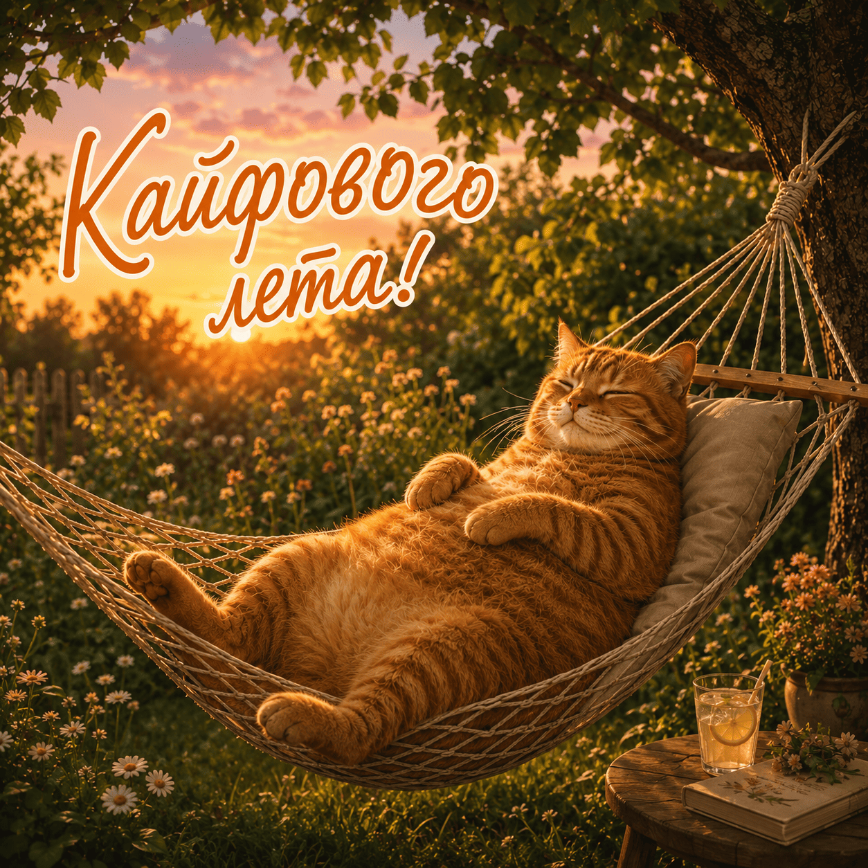 Открытка с рыжим котом в гамаке, с надписью «Кайфового лета!»