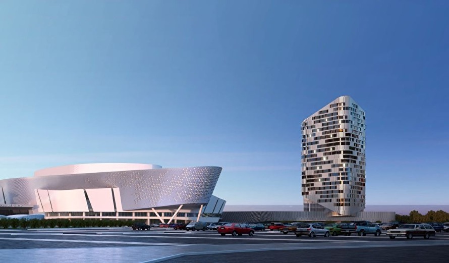 Эскиз конгресс-центра и гостиницы на площадке МВЦ &quot;Екатеринбург-ЭКСПО&quot; 2016 года (гостиница - справа)