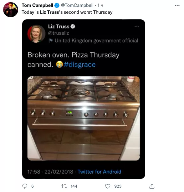 «Сегодня второй самый худший день Лиз Трасс».Надпись на картинке: «Сломала печь. Никакого четверга с пиццей»