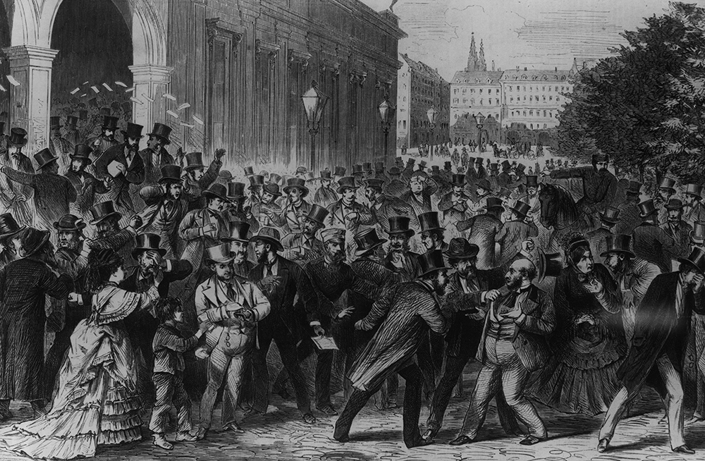 Гравюра 1873г. Разъяренная толпа на улице в Вене после объявления о крушении фондового рынка