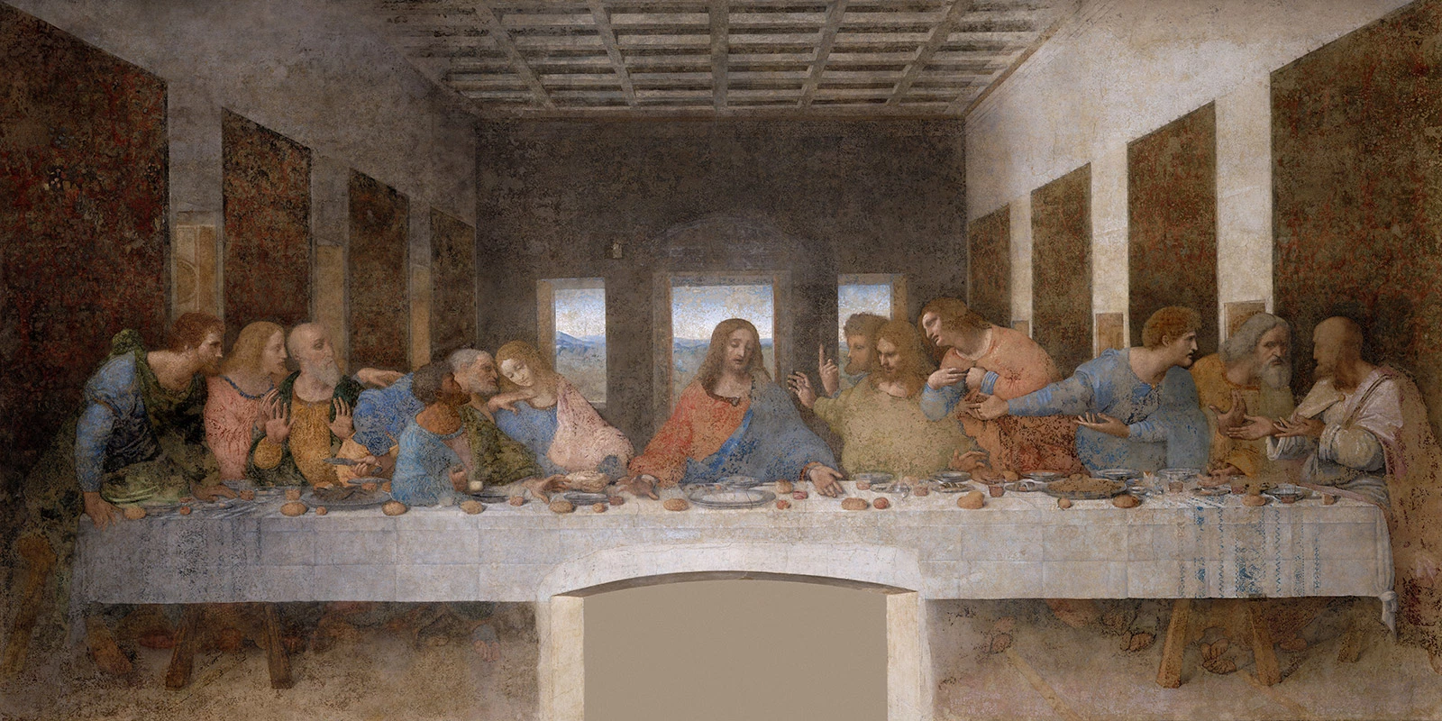 &laquo;Тайная вечеря&raquo;, роспись Леонардо да Винчи в монастыре Санта-Мария-делле-Грацие (Милан, Италия), где изображен Христос с апостолами