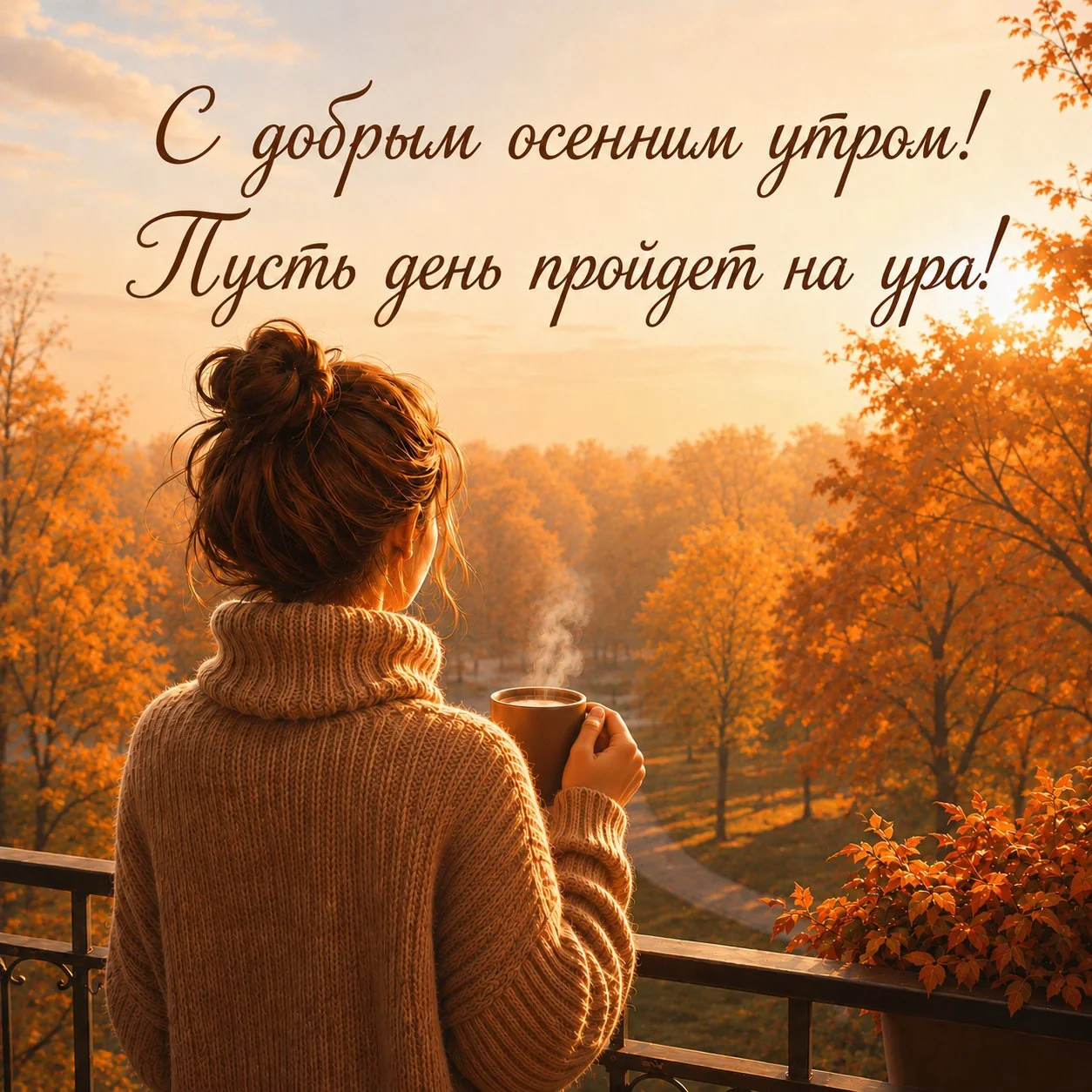 Осенняя открытка с добрым утром с девушкой