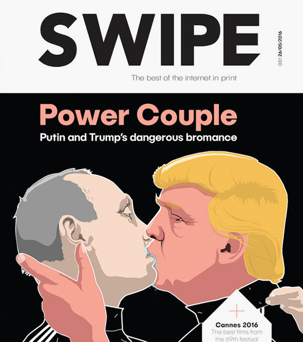 Британский бесплатный журнал Swipe поместил на&nbsp;обложку изображение целующихся Трампа и&nbsp;Путина с&nbsp;заголовком &laquo;Властная пара: опасный броманс Путина и&nbsp;Трампа&raquo; (Power Couple: Putin and Trump&#39;s dangerous bromance)
