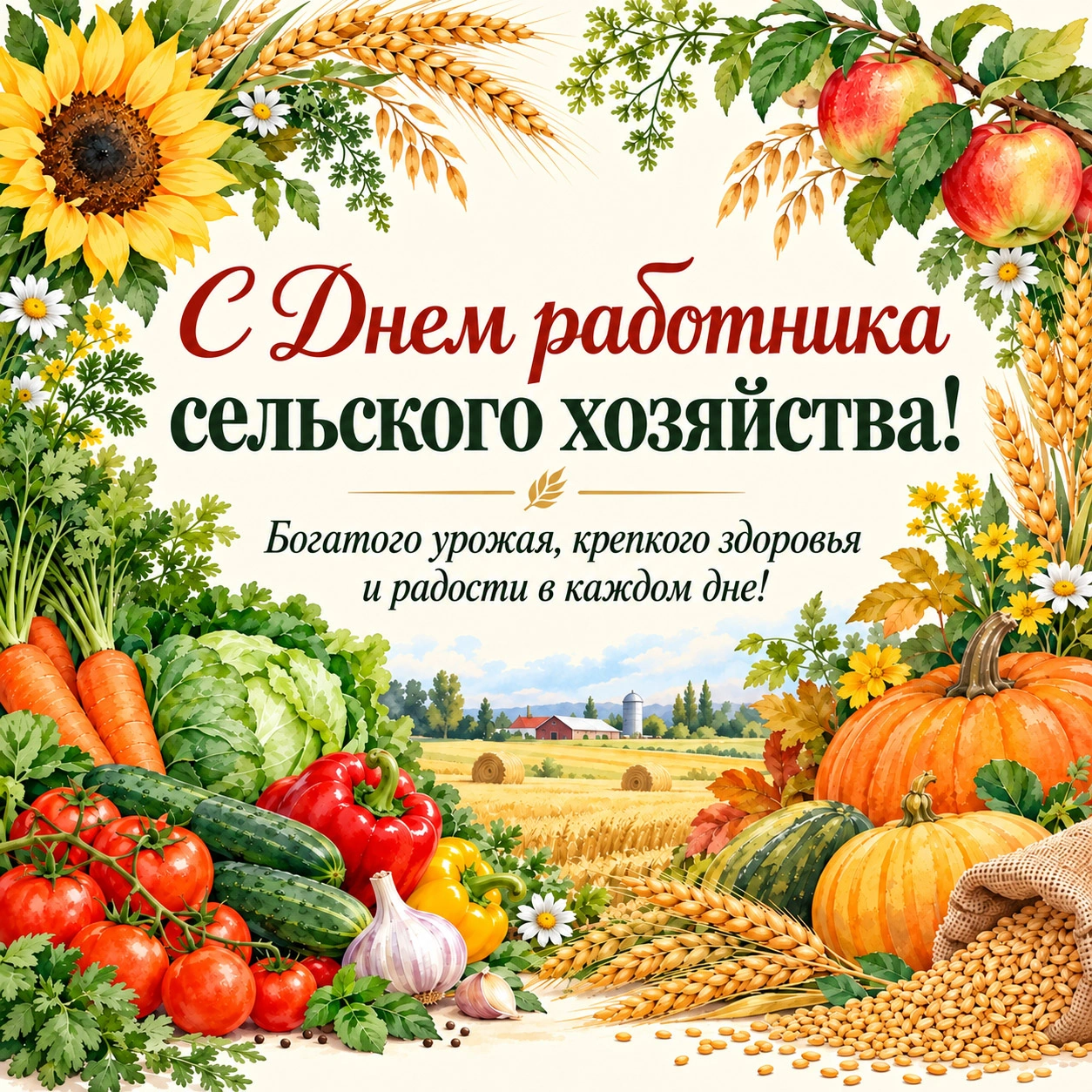 Акварельная открытка ко Дню работника сельского хозяйства с пожеланием богатого урожая
