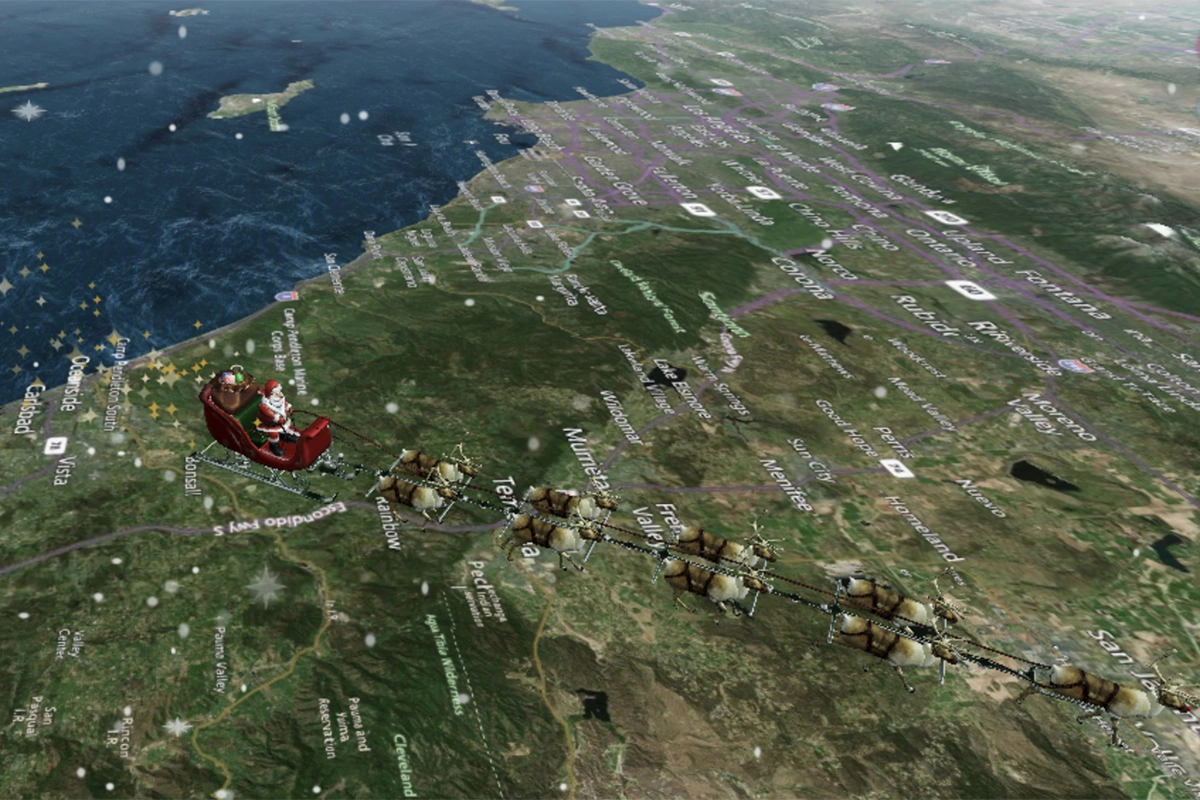 Траектория передвижений  Санта Клауса на карте проекта NORAD Tracks Santa
