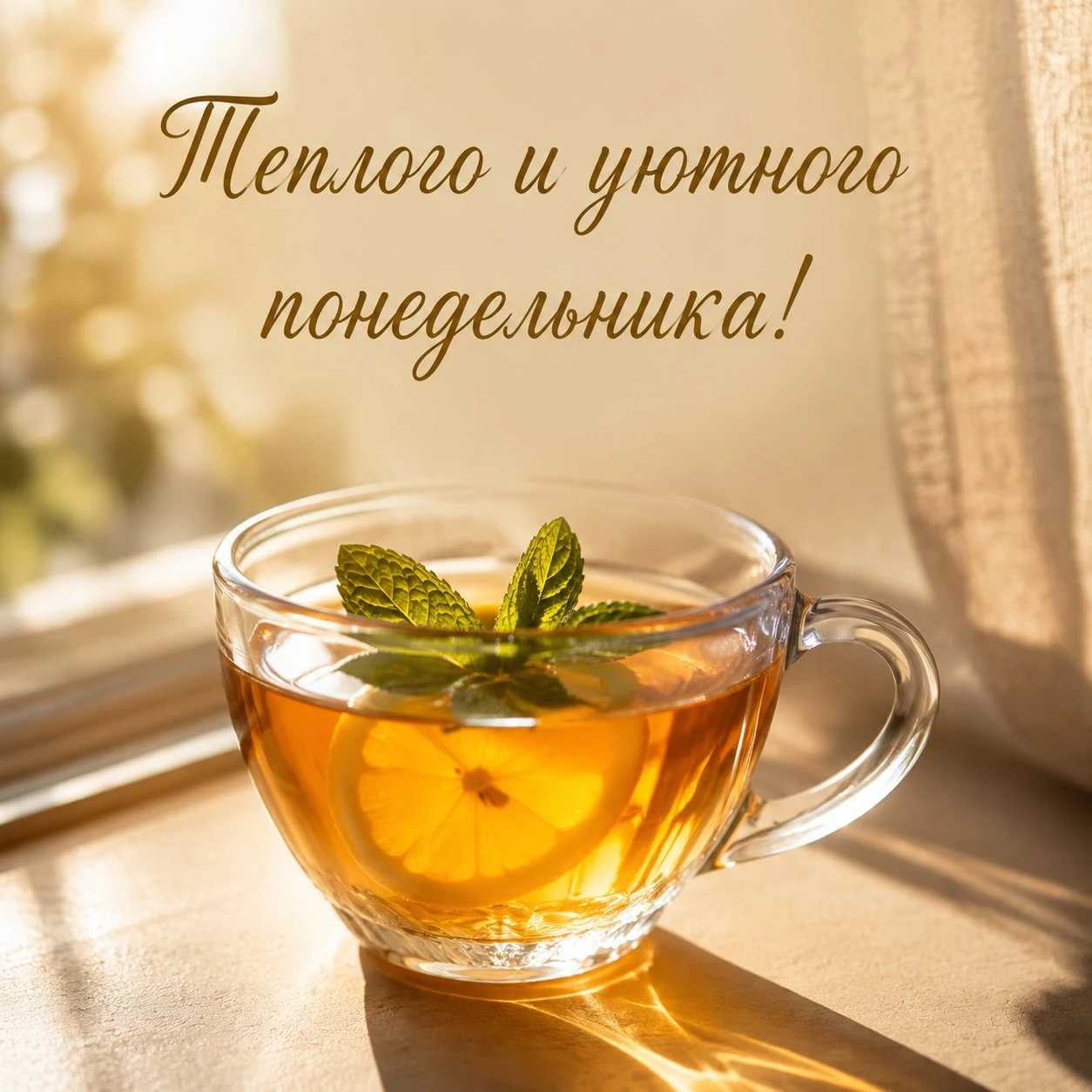 Уютная открытка с чаем и пожеланием теплого понедельника