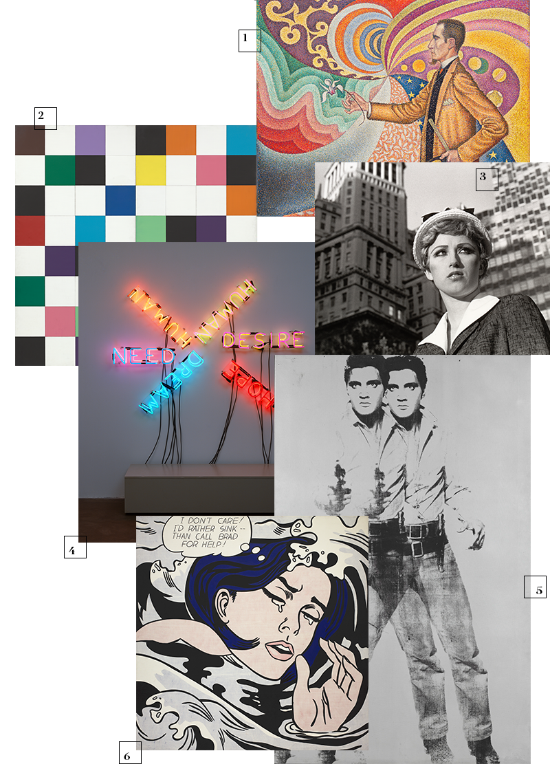 1 | Поль Синьяк, Opus 217. Portrait of M. F&eacute;lix F&eacute;n&eacute;on, 1890 год
2 | Элсворт Келли, Colors for a Large Wall, 1953 год
3 | Синди Шерман, Untitled Film Still #17, 1978 год
4 | Брюс Науман, Human/Need/Desire, 1983 год
5 | Энди Уорхол, Double Elvis, 1963 год
6 | Рой Лихтенштейн, Drowning Girl, 1963 год