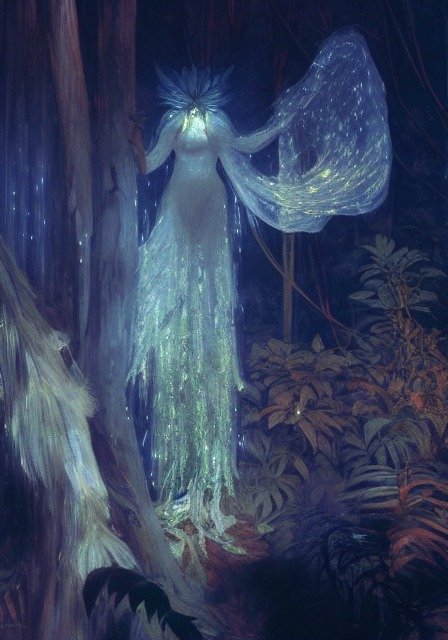 Зимние сумерки в тропическом лесу, люминесцентная плачущая дама-призрак, картина маслом