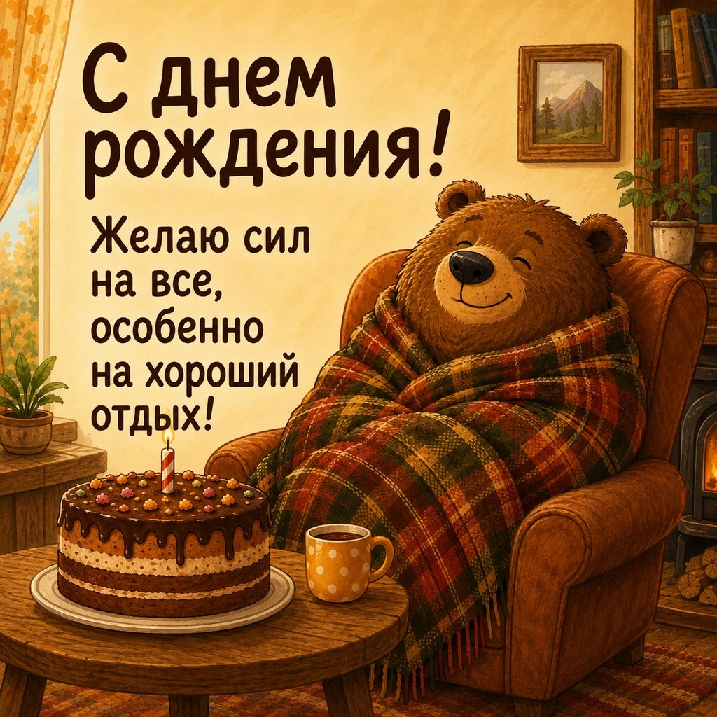 Прикольная открытка с днем рождения с медведем