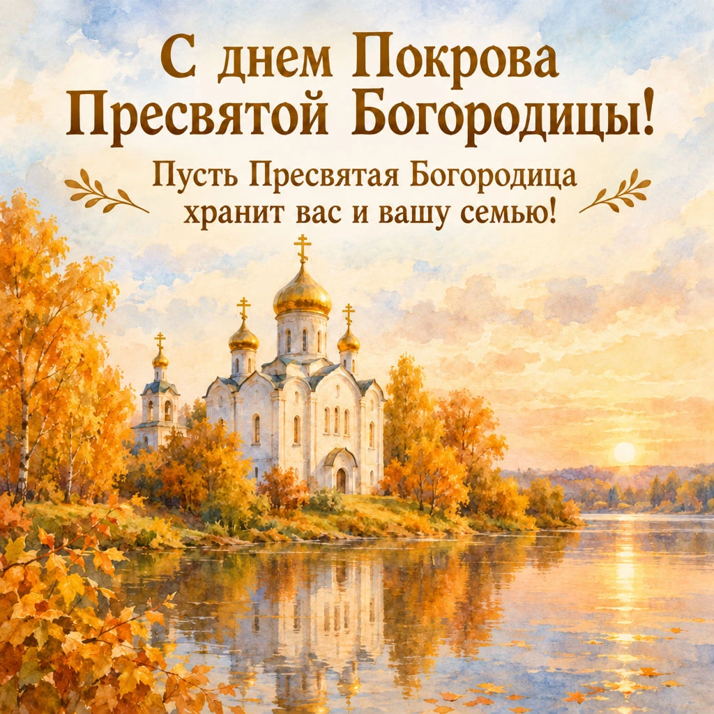 Акварельная открытка к Покрову Пресвятой Богородицы с поздравлением и храмом у реки