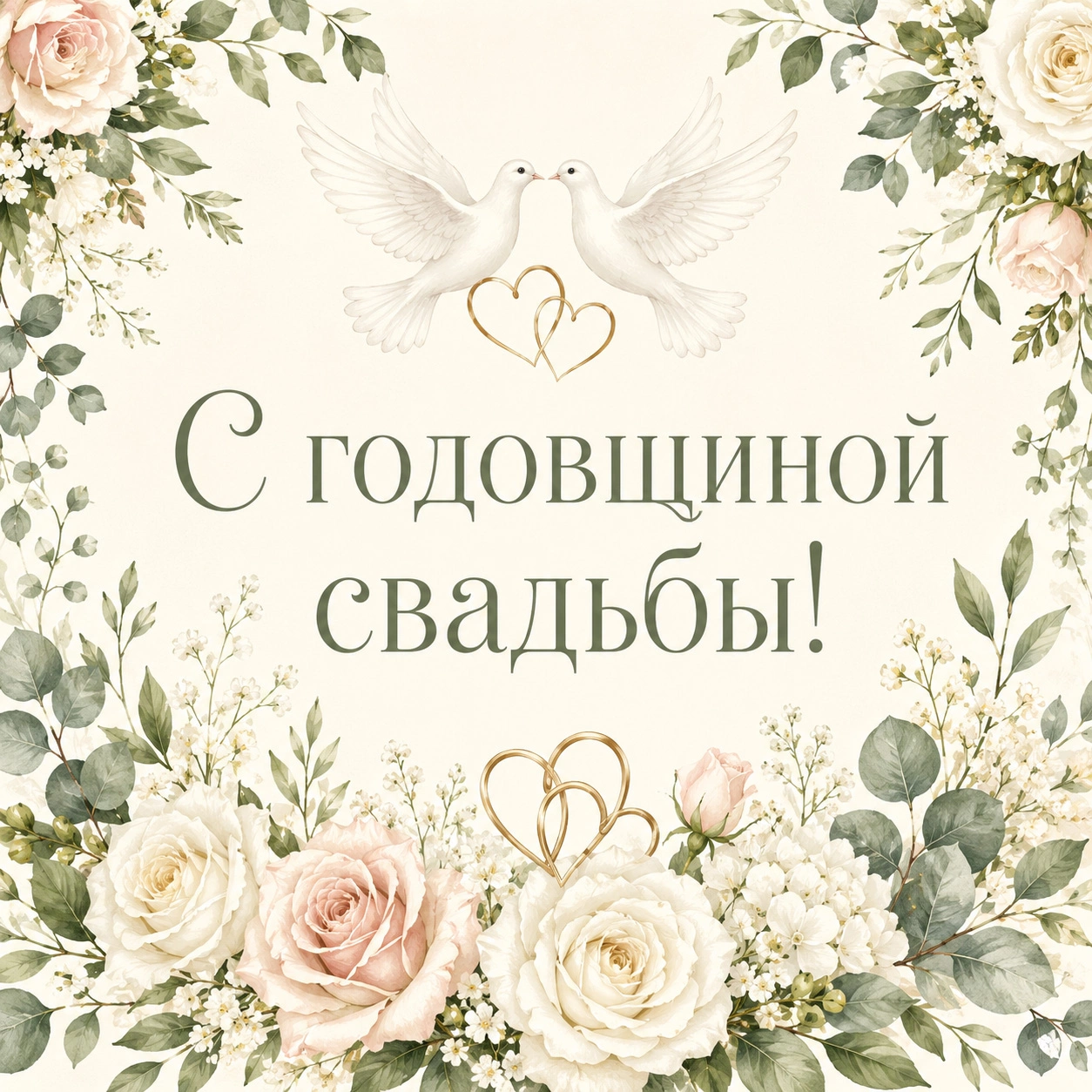 Нежная открытка с голубями и поздравлением «С годовщиной свадьбы!»