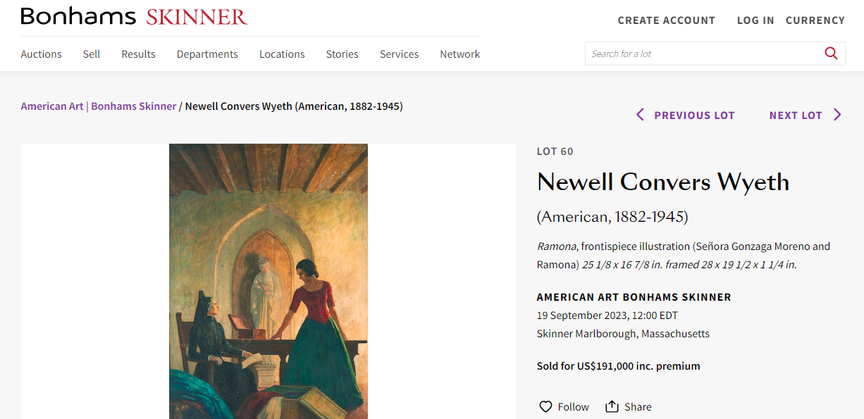 <p>Скрин с сайта аукционного дома Bonhams Skinner с сообщением о продаже картины Ньюэлла Конверса Уайета за $191 000</p>