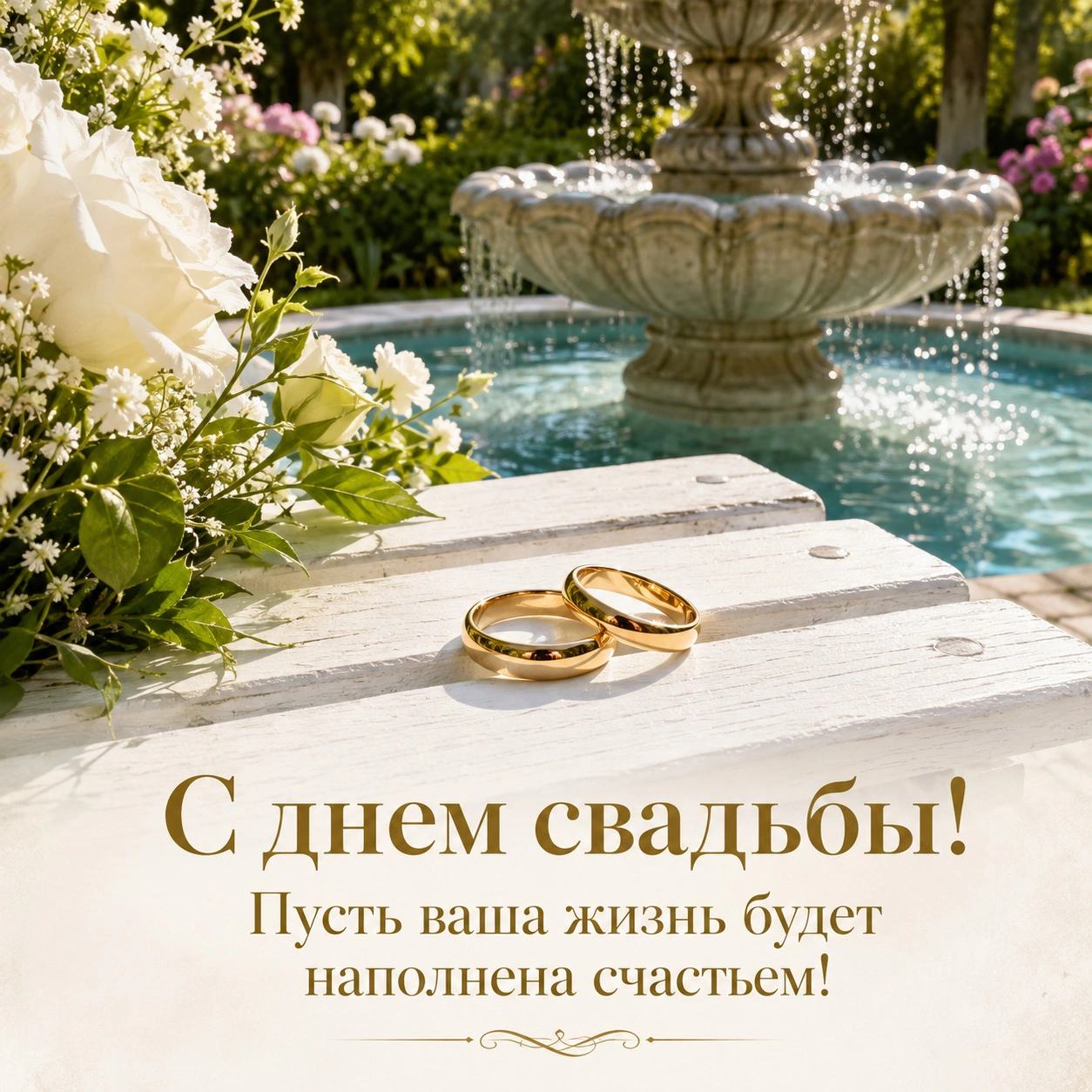 Красивая открытка ко дню свадьбы с фонтаном и кольцами