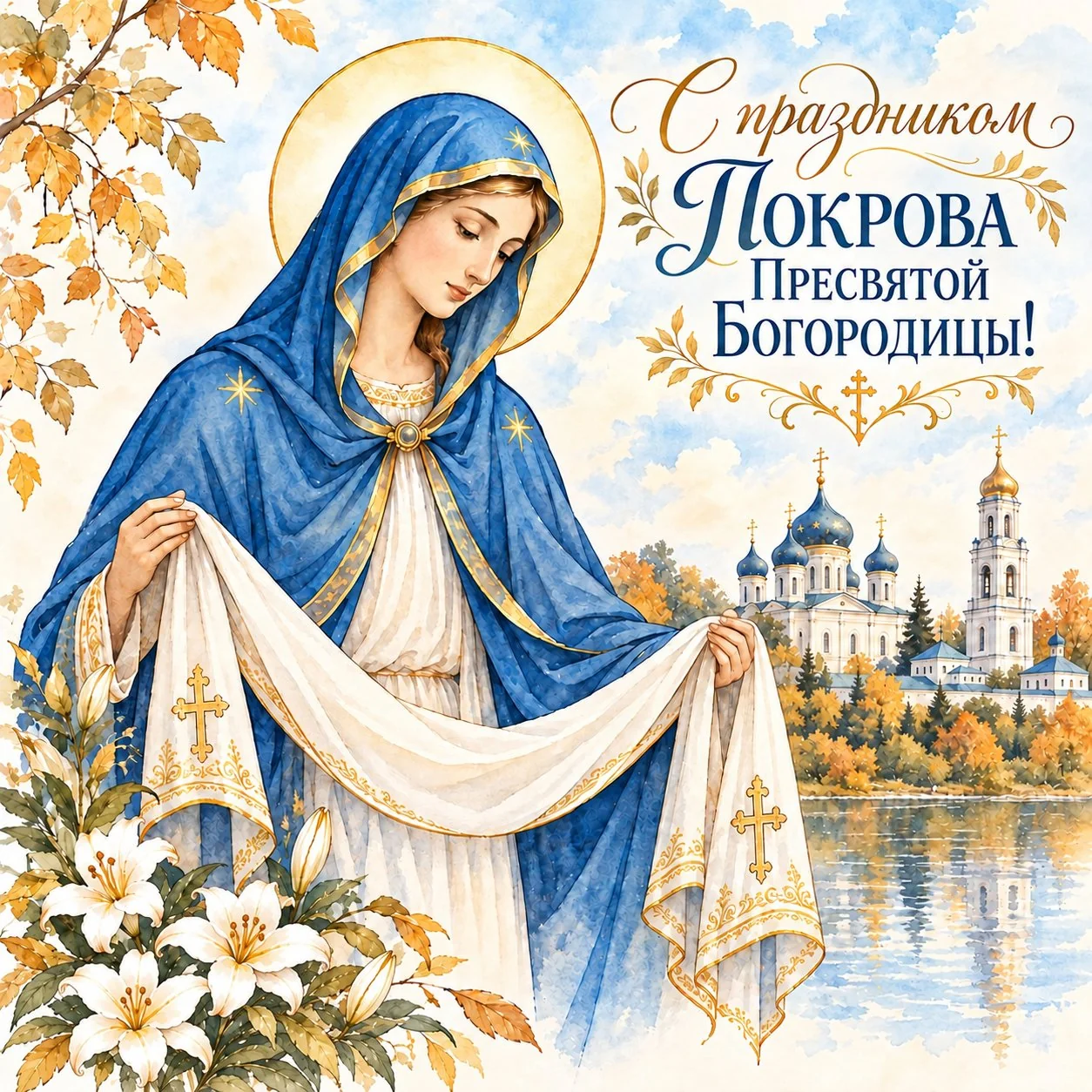 Акварельная открытка к Покрову Пресвятой Богородицы