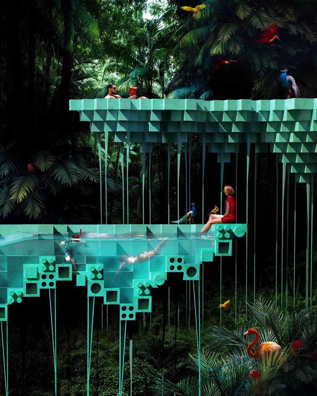 Многоуровневый бассейн в тропическом лесу