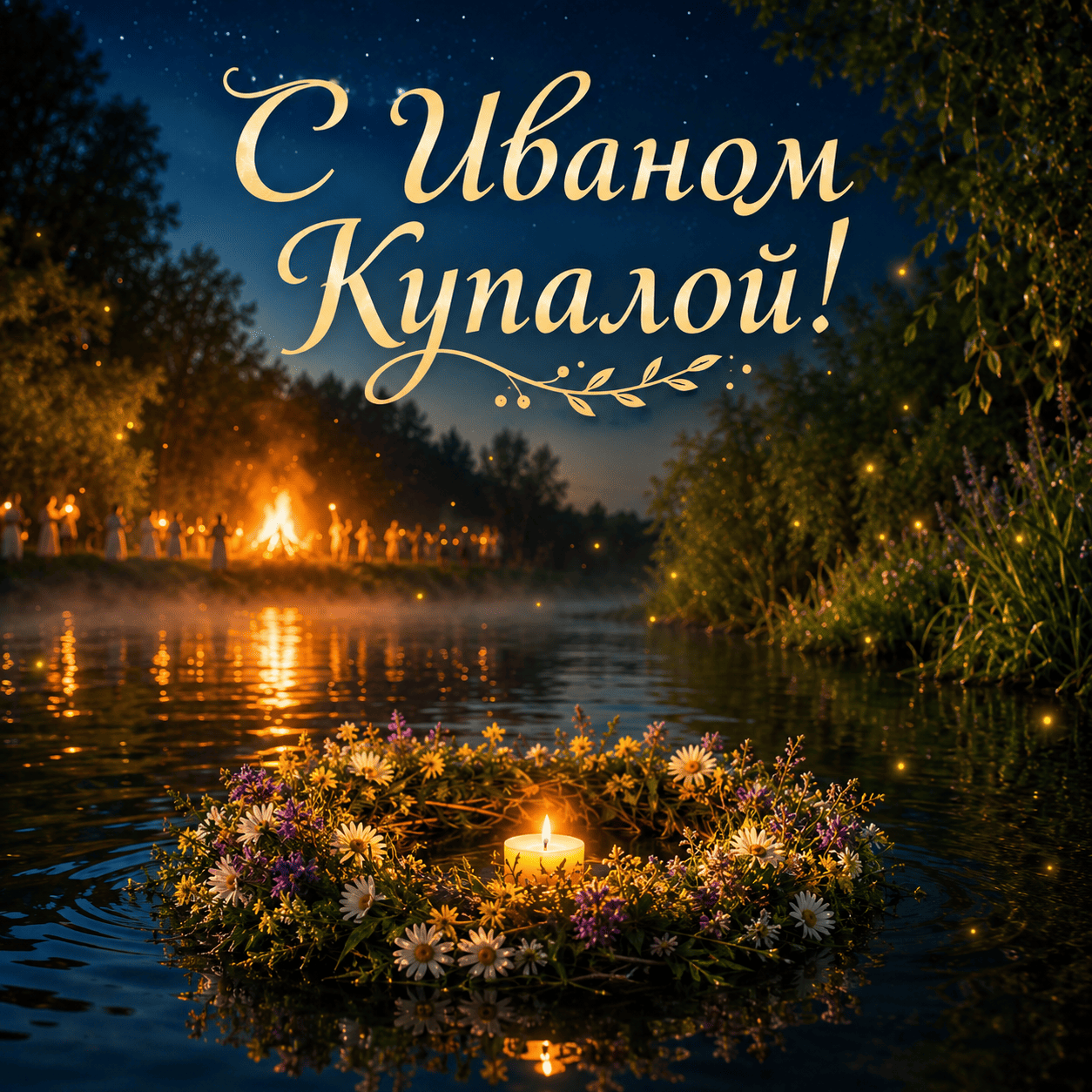 Открытка с венком на воде и надписью «С Иваном Купалой!»