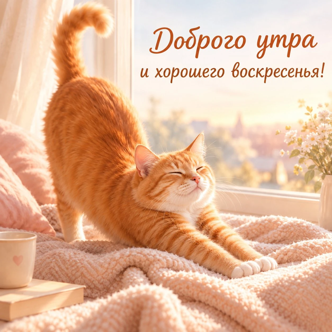 Милая открытка с пожеланием доброго воскресного утра и котом