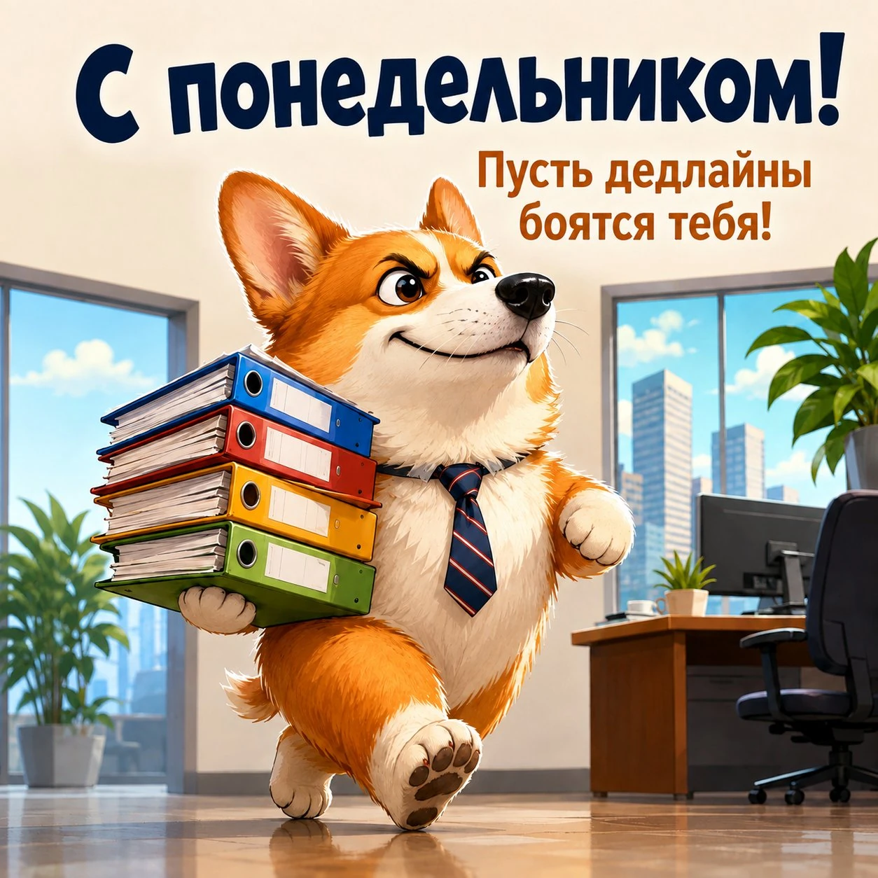 Прикольная открытка с корги и надписью «С понедельником! Пусть дедлайны боятся тебя!»