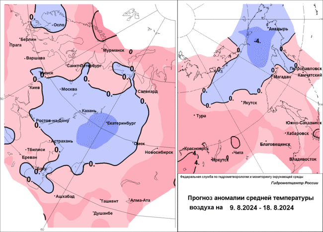 На карте аномалий температуры воздуха на период с 9 по 18 августа 2024 года Тюменская область окрашена в холодный синий цвет