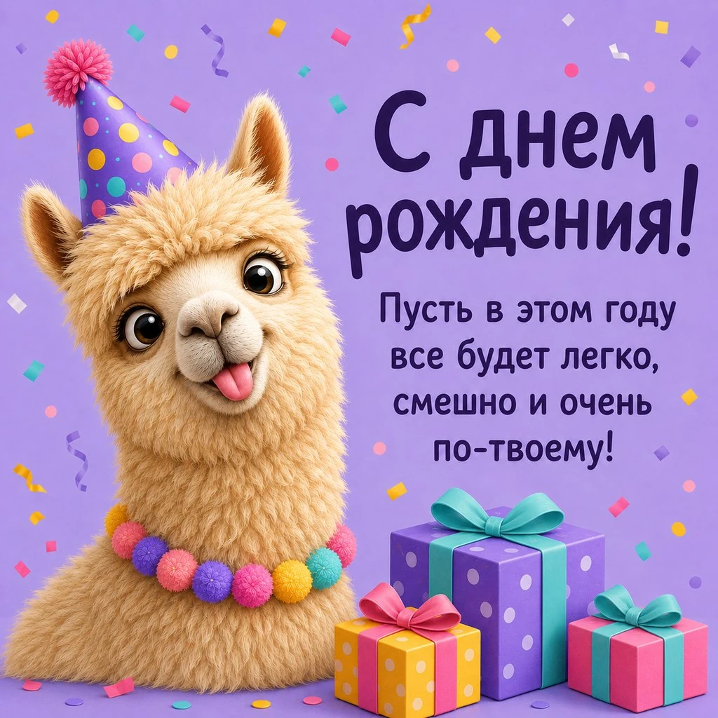 Прикольная открытка с днем рождения с альпакой