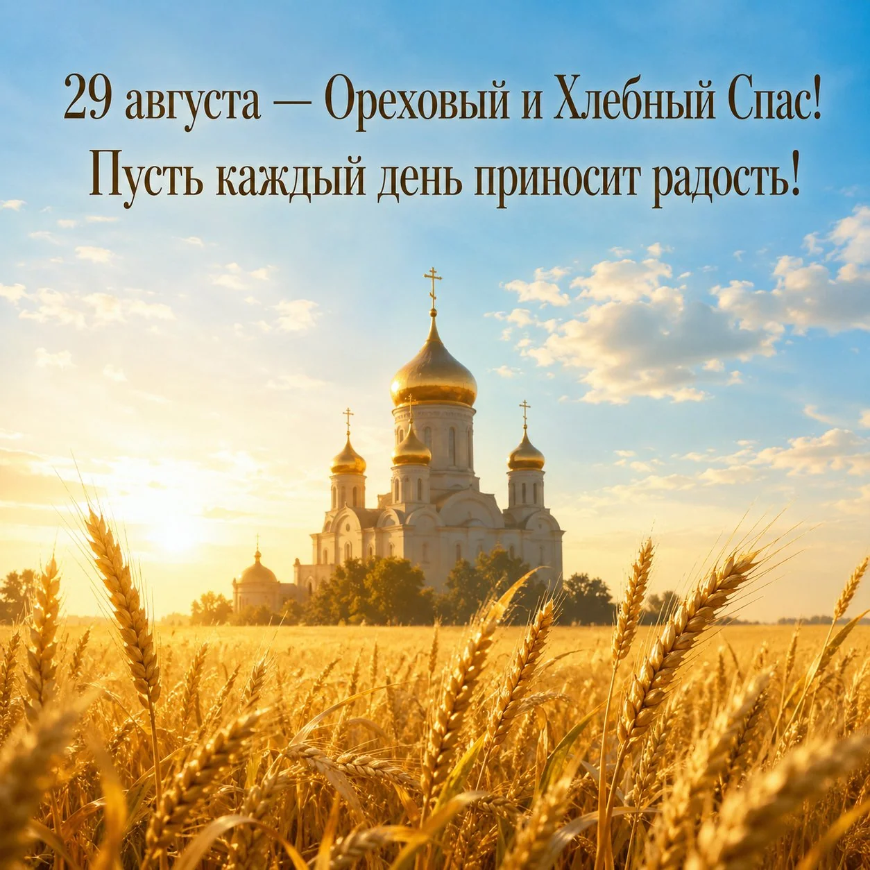 Православная открытка с Ореховым и Хлебным Спасом с храмом