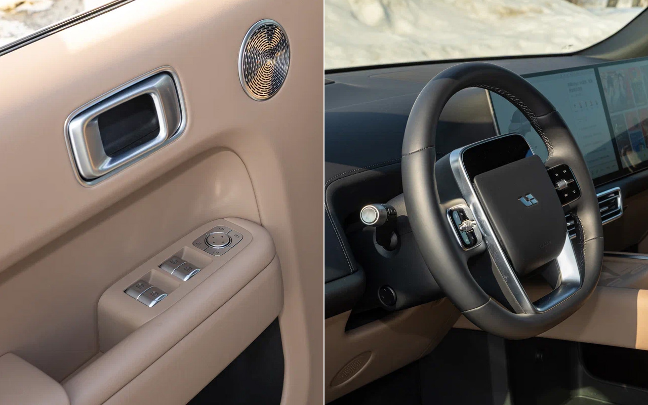 К счастью, в Lixiang L9 нашлось место для привычного блока управления боковыми зеркалами. А вот привычной приборной доски в этой машине нет. Вместо нее небольшой дисплей на руле и проекция на стекло