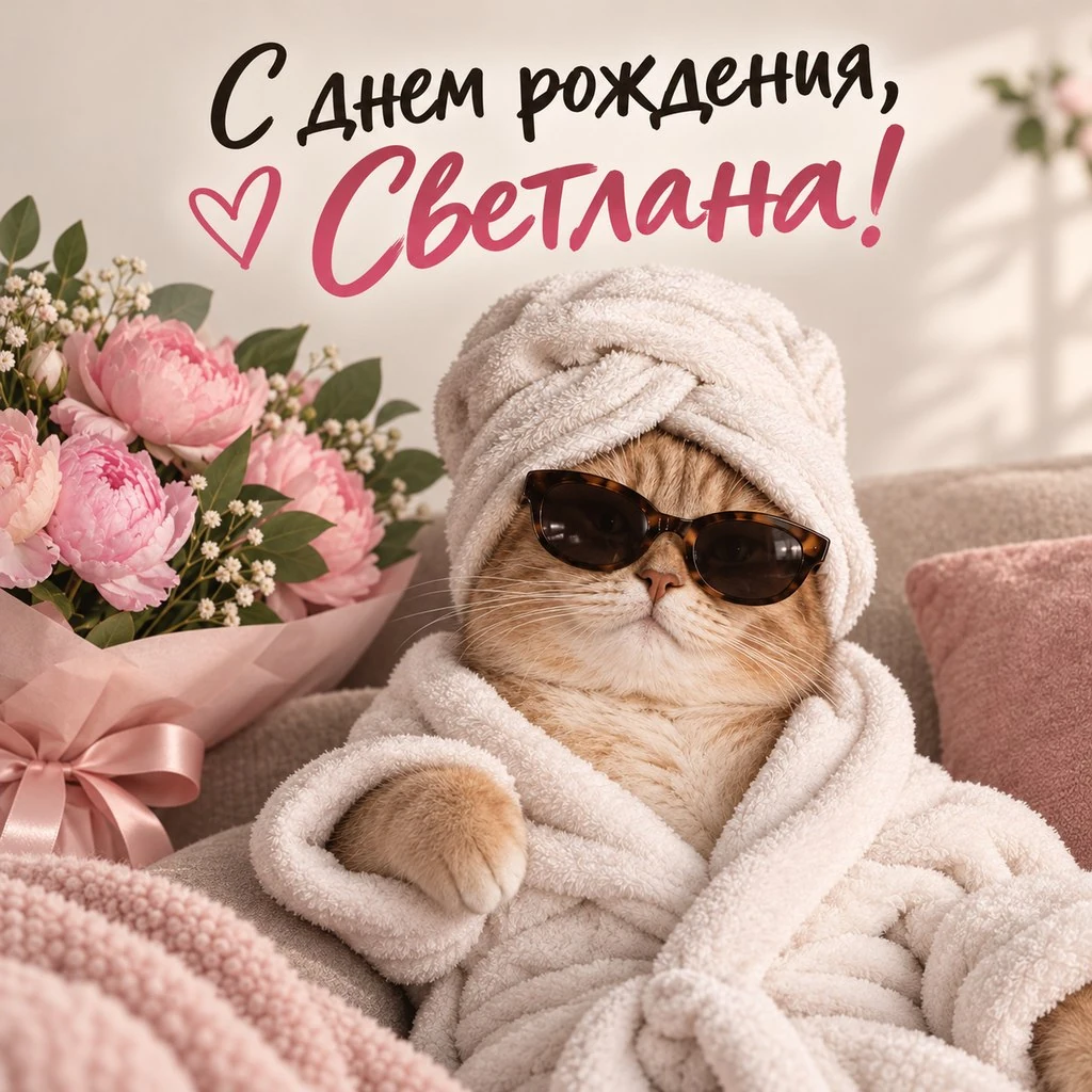 Смешная открытка с днем рождения Светлане с котом в халате