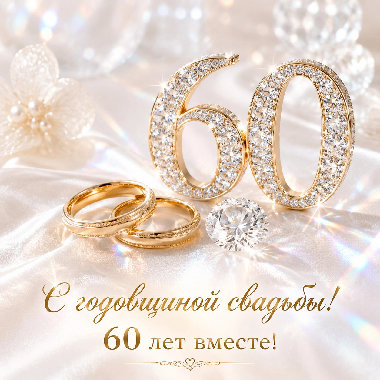 Яркая открытка с надписью «С годовщиной свадьбы! 60 лет вместе!»