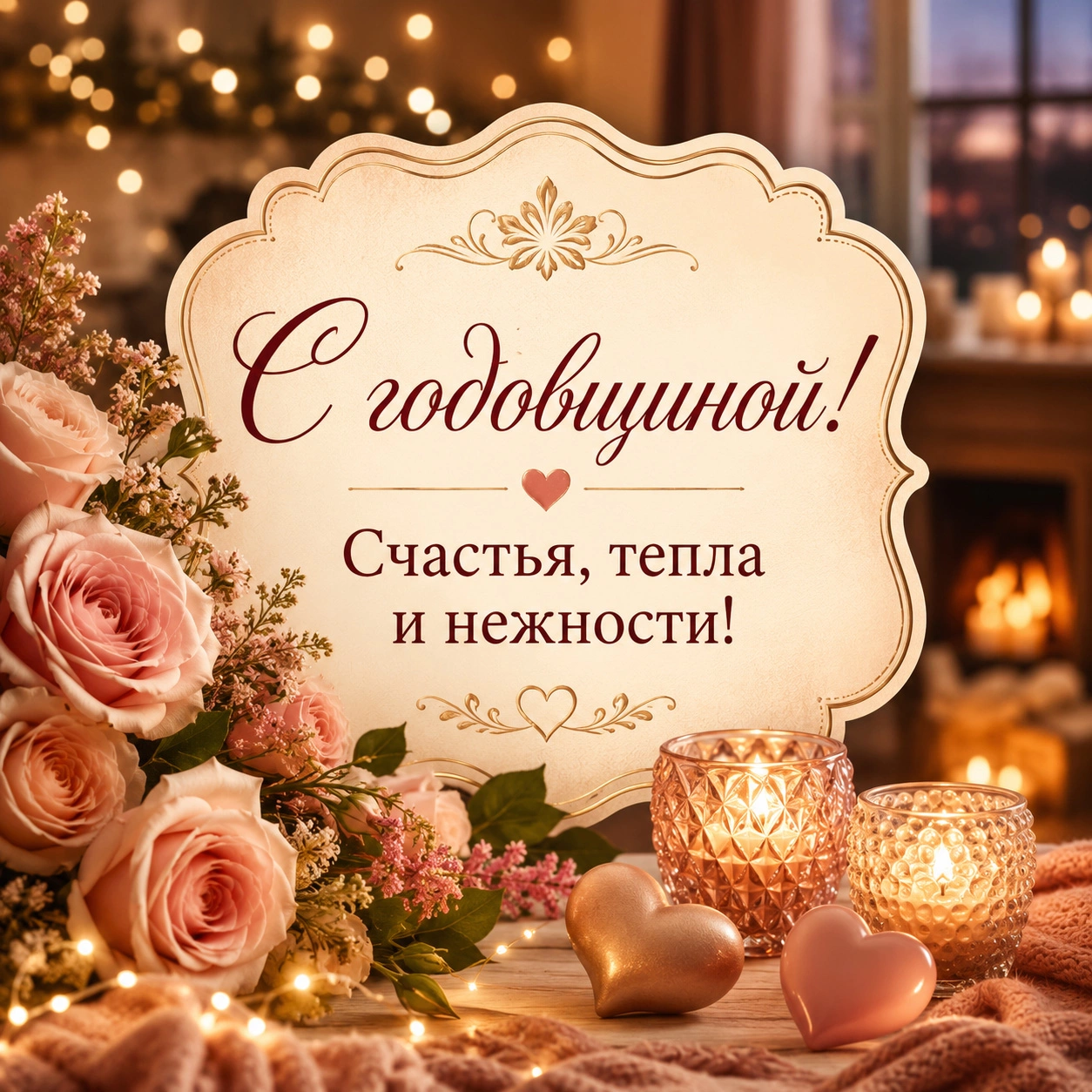 Уютная открытка с надписью «С годовщиной! Счастья, тепла и нежности!»