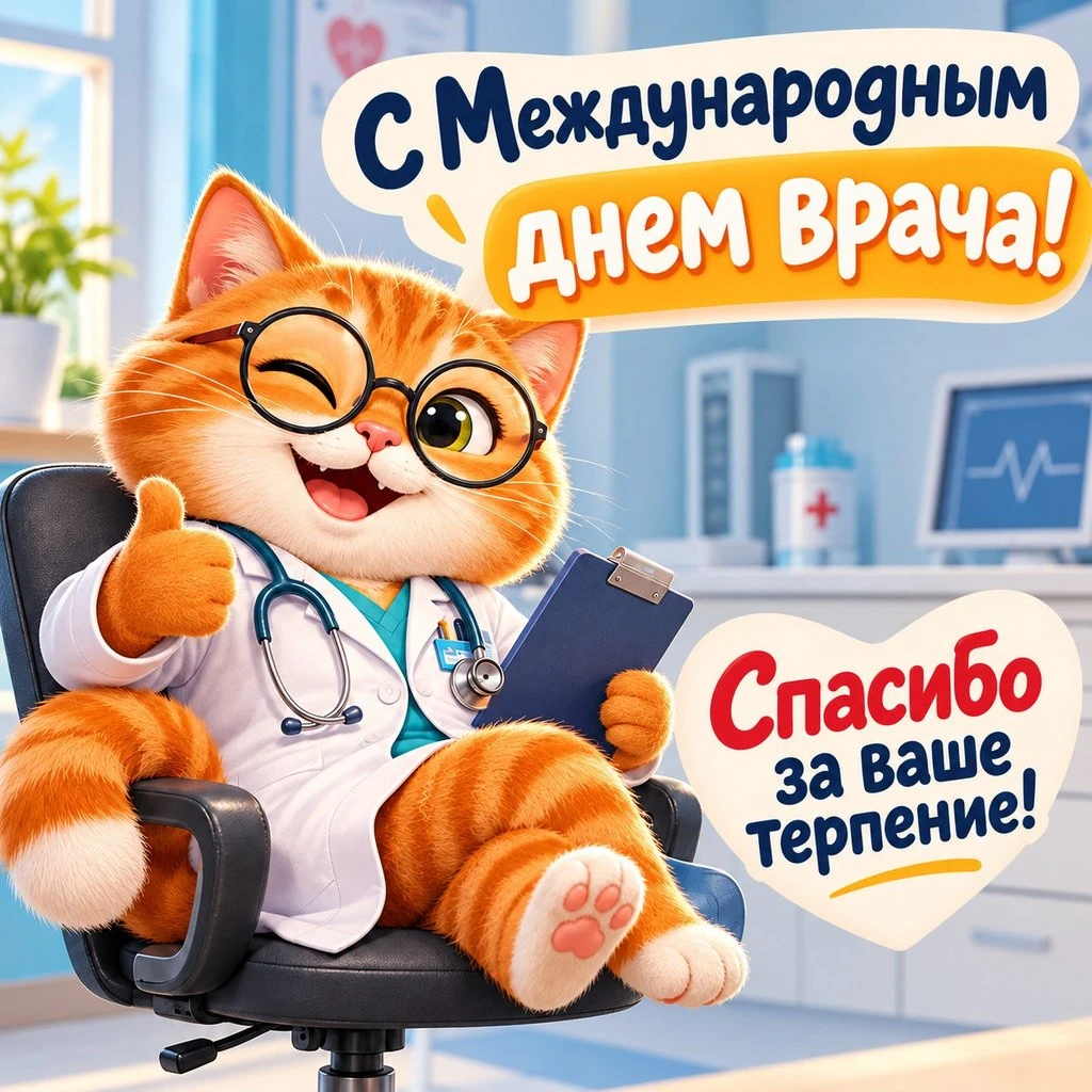Забавная открытка к Международному дню врача, с котом