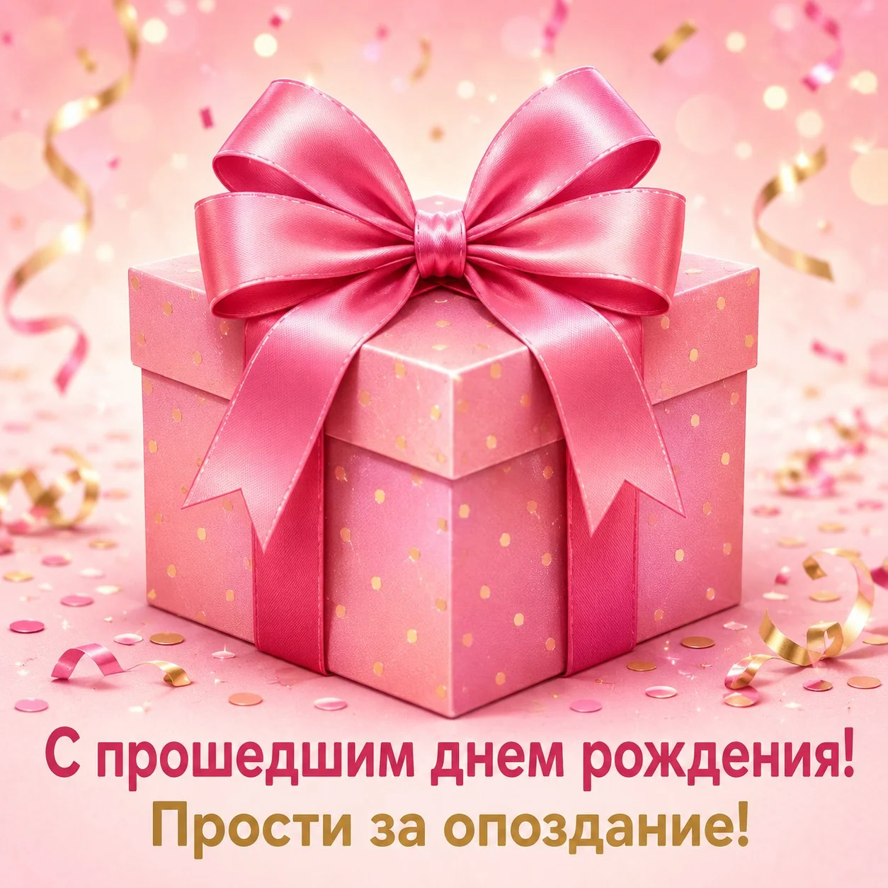 Яркая открытка с прошедшим днем рождения с надписью «Прости за опоздание!»