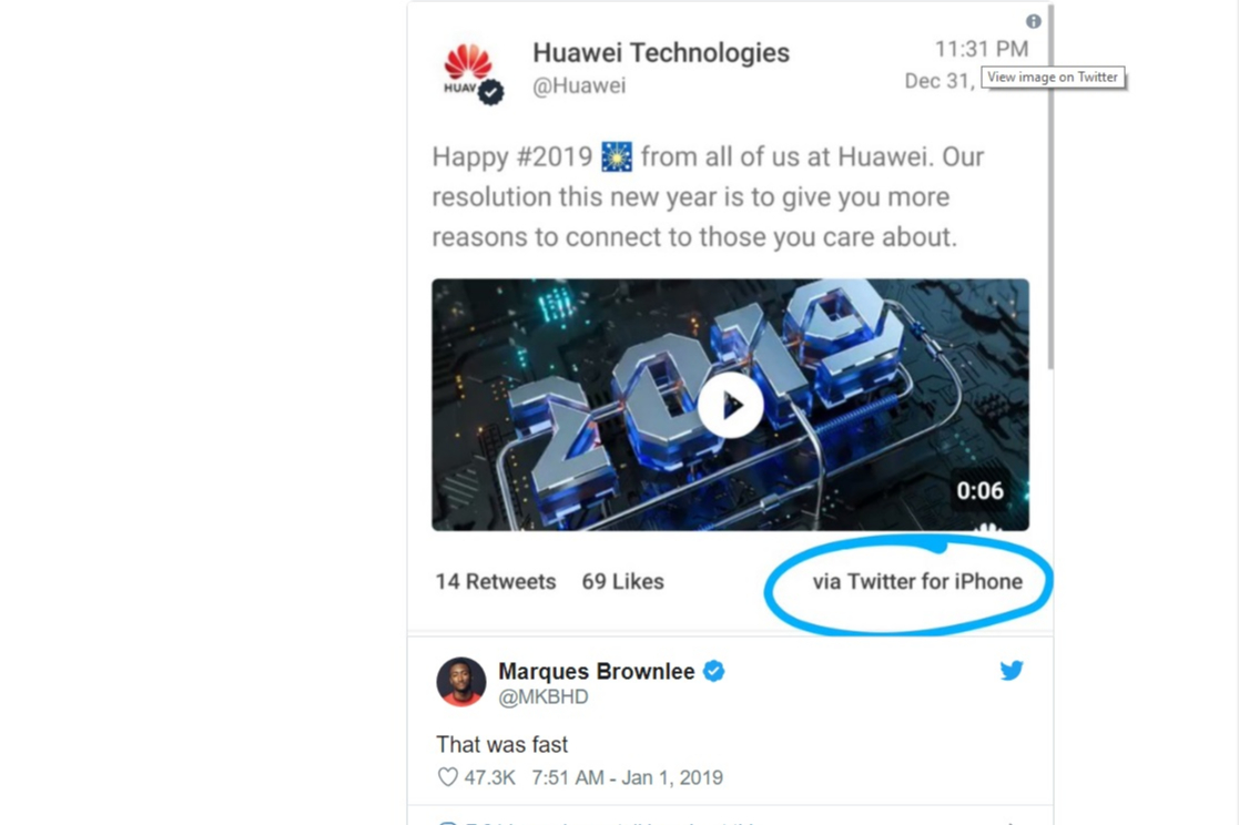 Huawei наказала двух сотрудников за отправку новогоднего твита с iPhone
