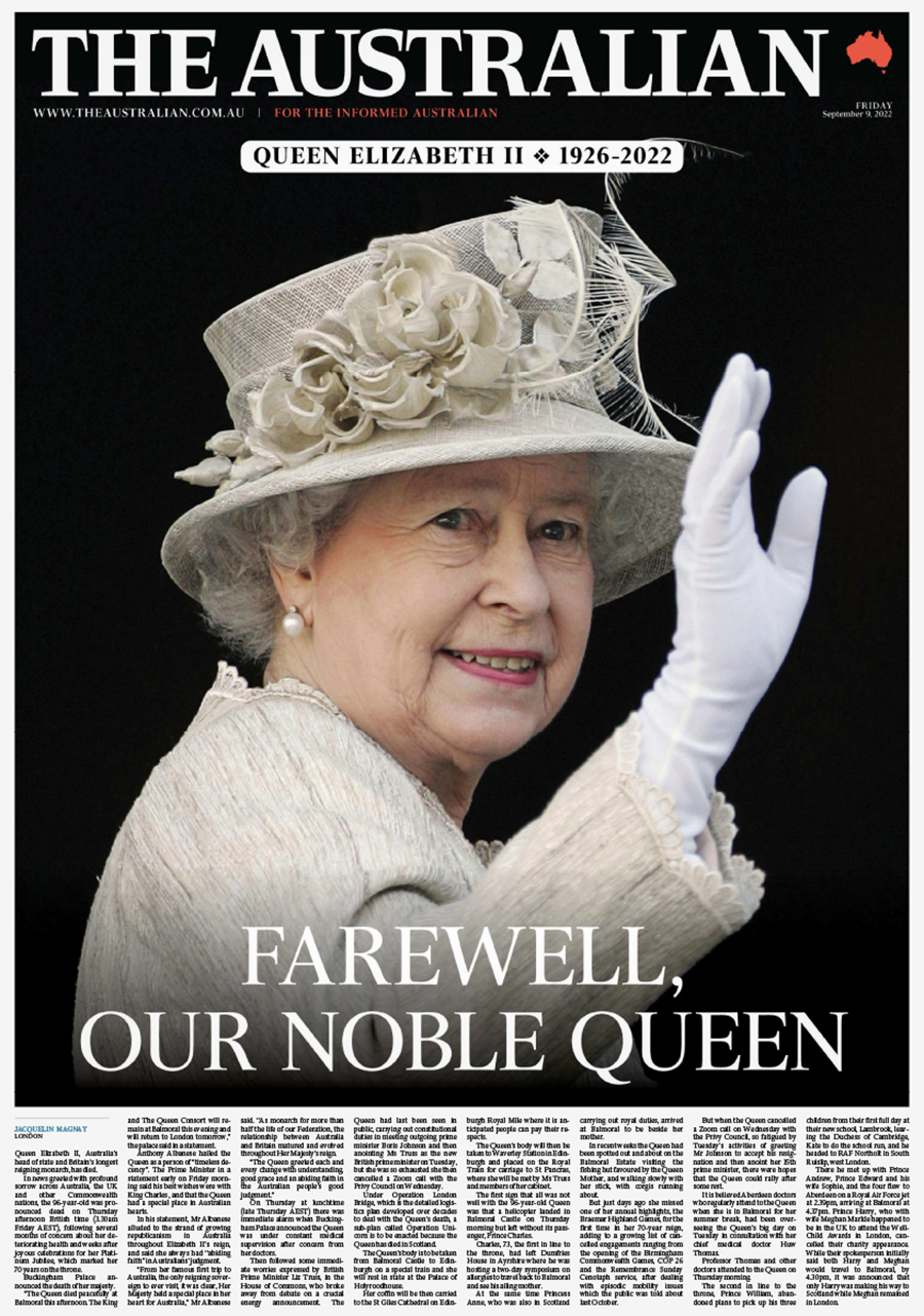 Номер The Australian от 9 сентября вышел с заголовком &laquo;Прощай, наша благородная королева&raquo;
