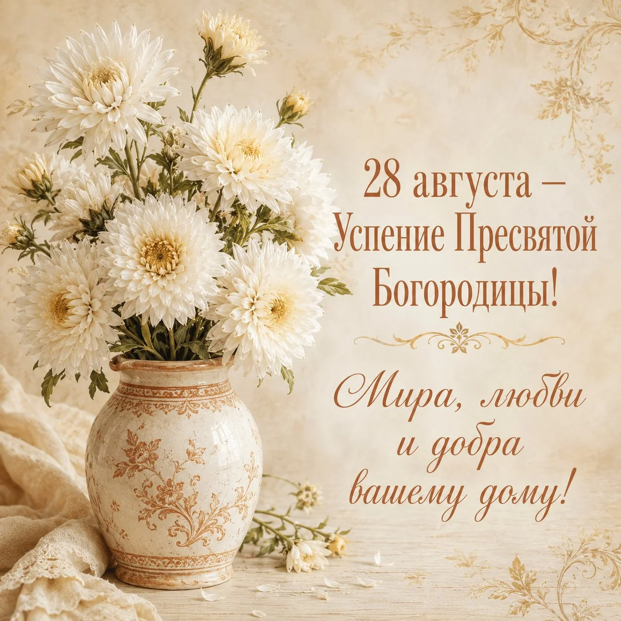 Поздравительная открытка с Успением Пресвятой Богородицы с пожеланием мира и любви