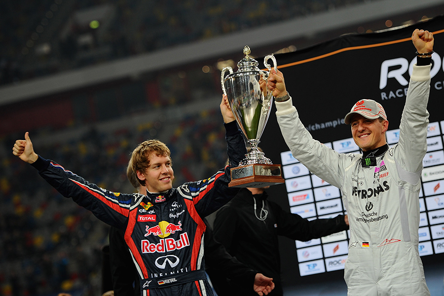 В 2011-м году Шумахер и Себастьян Феттель стали победителями Кубка наций в рамках Гонки чемпионов&nbsp;&mdash; соревнования, в котором одновременно принимают участие выходцы из &laquo;Формулы-1&raquo;, WRC, IndyCar, NASCAR. В июне 2012-го года Шумахеру на Гран-при Европы удалось впервые после своего возвращения в гонки расположиться на подиуме: тогда он занял третье место.

4 октября 2012-го года перед началом этапа в Японии Шумахер заявил на пресс-конференции, что окончательно&nbsp;уходит из &laquo;Формулы-1&raquo; по окончанию сезона. Он отметил, что не хочет продолжать карьеру, поскольку не чувствует полной уверенности в успехе.

На фото: 3 декабря 2011 года в Дюссельдорфе, Германия. Себастьян Феттель (слева) и Михаэль Шумахер (справа) празднуют победу в Кубке Наций в Гонки чемпионов на &laquo;Эсприт Арена&raquo;