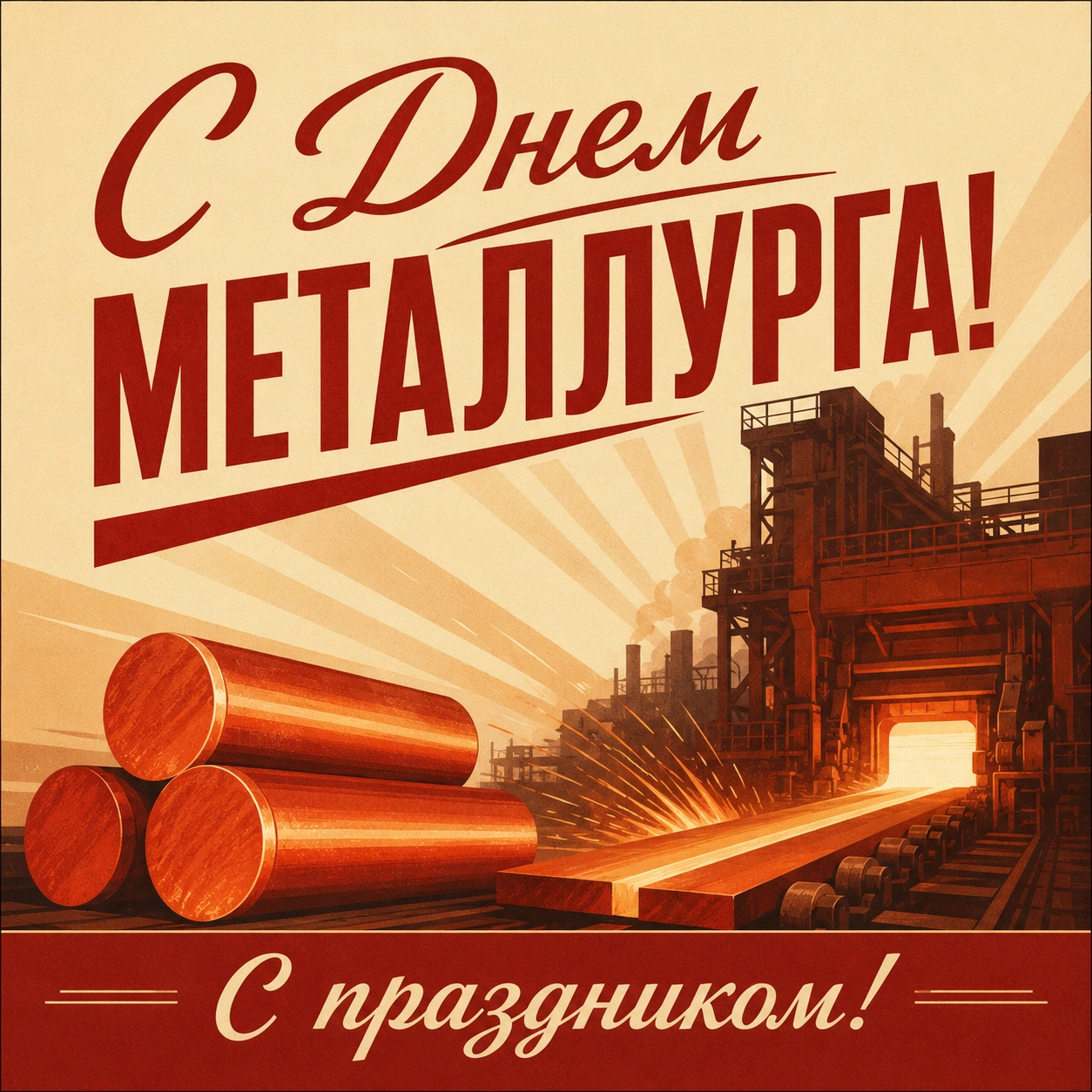 Открытка в советском стиле с надписью «С Днем металлурга! С праздником!