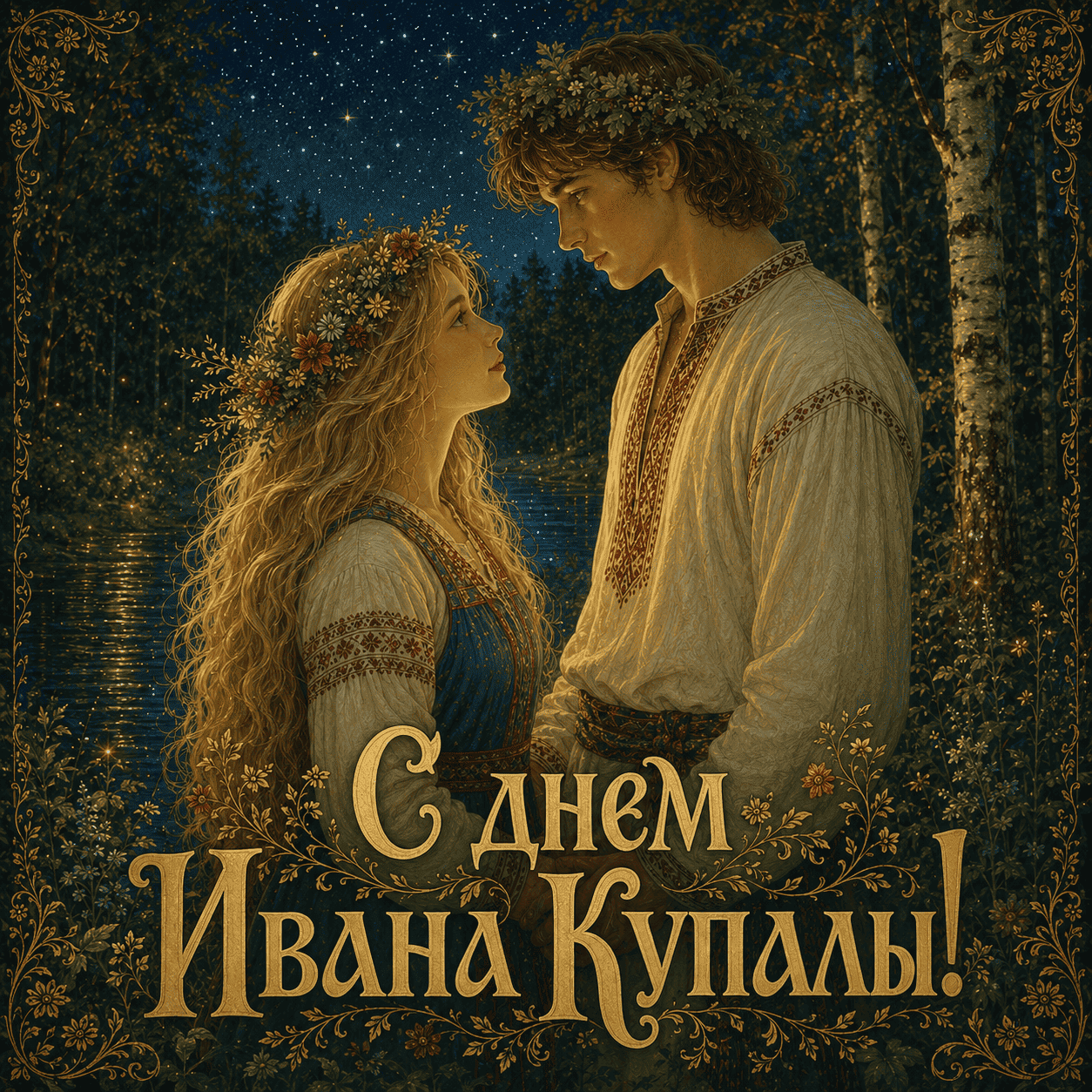 Открытка с влюбленной парой и надписью «С днем Ивана Купалы!»