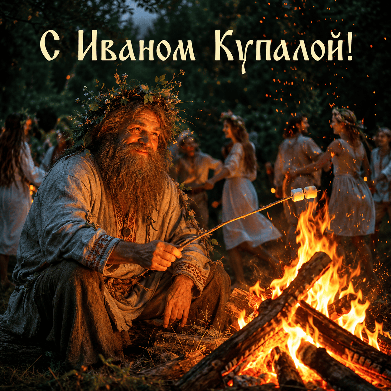 Открытка со старцем у костра и надписью «С Иваном Купалой!»