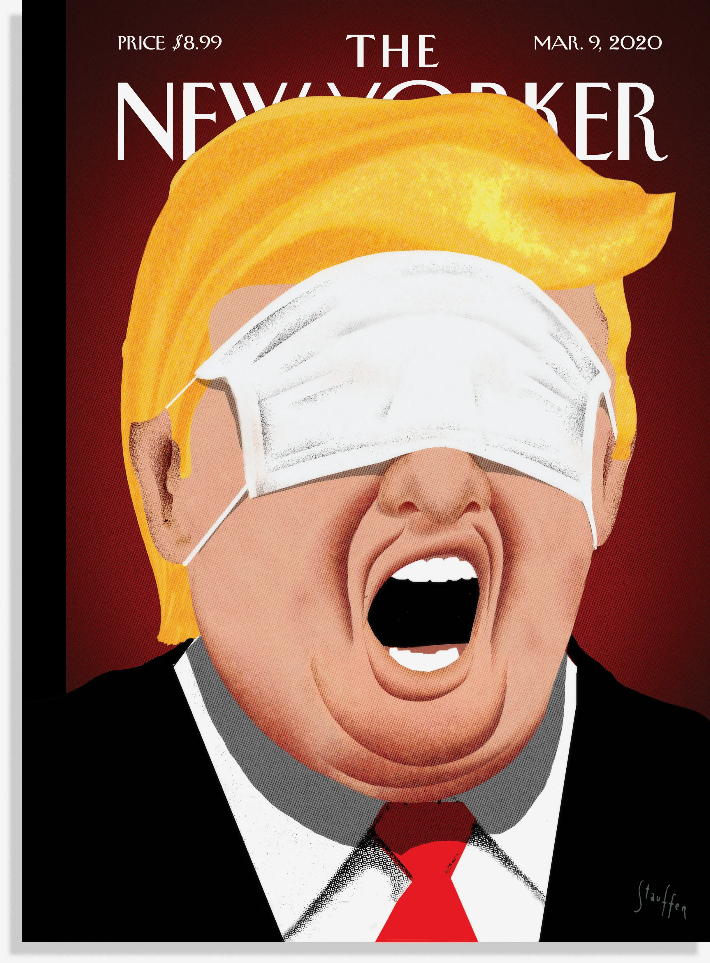 На обложке журнала The New Yorker за 9 марта 2020 года художник Брайан Стауффер изобразил Трампа с медицинской маской на глазах, обложка иронично называется «Под контролем». Она нарисована после первых сообщений о заразившихся коронавирусом в США и за несколько дней до объявления ВОЗ о начале пандемии COVID-19.  На начальном этапе распространения вируса Трампа критиковали за недостаточно активные действия по предотвращению распространения заболевания. «Эти четыре-шесть пропущенных недель, вероятно, войдут в историю как поучительный пример потенциально разрушительных последствий неэффективного политического руководства», &mdash; писали в The Guardian, указывая, что за это время число заболевших в США превысило показатели в Китае, откуда распространился вирус.  По итогам пандемии США стали страной с самым большим количеством умерших от последствий коронавируса &mdash; 1,23 млн человек. В Китае, согласно данным властей, умерших в 10 раз меньше &mdash; 122 тыс.