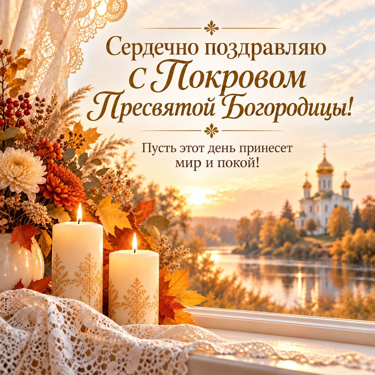 Нежная открытка к Покрову Пресвятой Богородицы с пожеланием мира и покоя