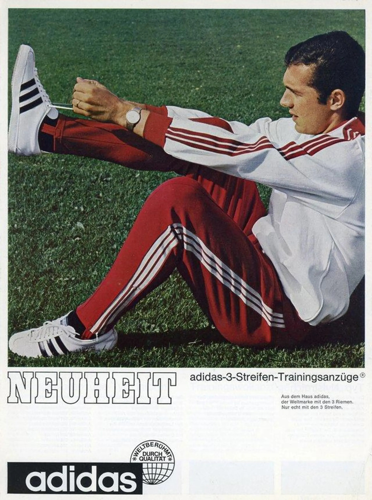 <p>Футболист Франц Беккенбауэр&nbsp;в рекламной кампании adidas, 1967 год. Этот костюм стал первым предметом одежды бренда, который до этого славился только своей обувью.&nbsp;</p>