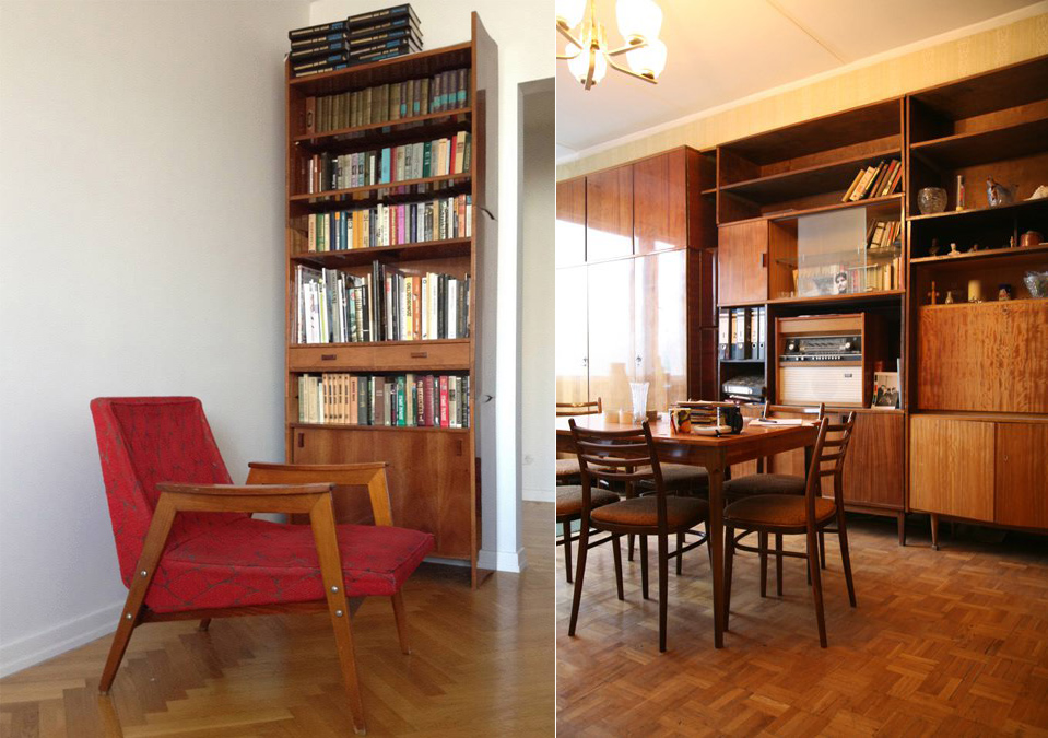 Справа: типичный интерьер гостиной в&nbsp;хрущевке. Слева: румынское кресло и&nbsp;книжный шкаф&nbsp;&mdash;&nbsp;привычные атрибуты советского жилья середины прошлого века