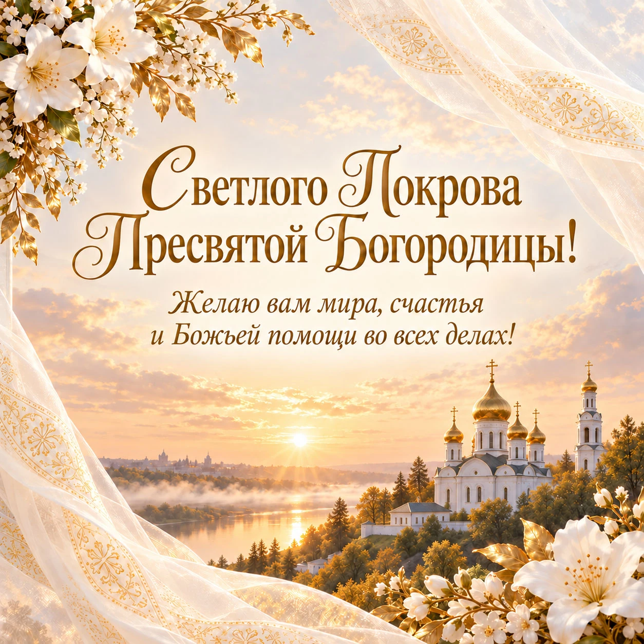 Светлая открытка с Покровом Пресвятой Богородицы и пожеланием Божьей помощи