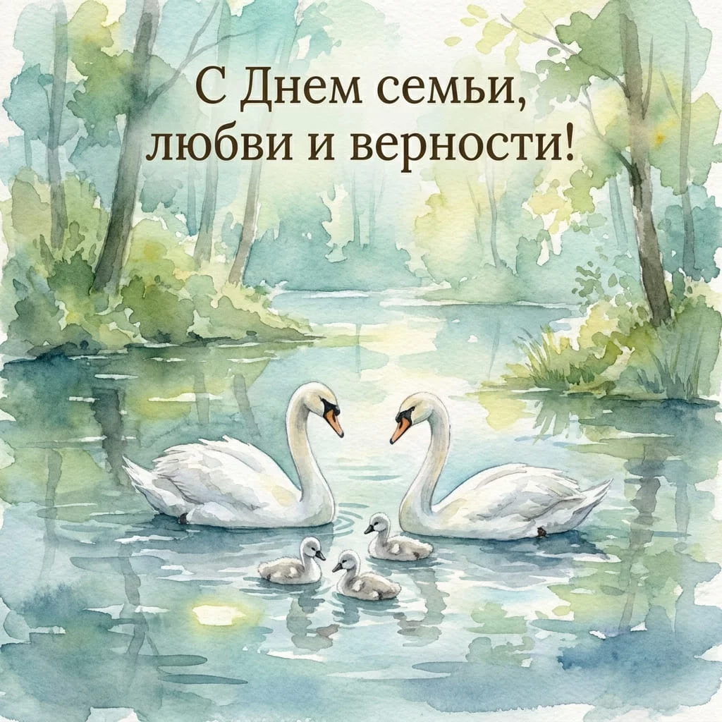 Акварельная открытка с семьей лебедей на пруду и надписью «С Днем семьи, любви и верности!»