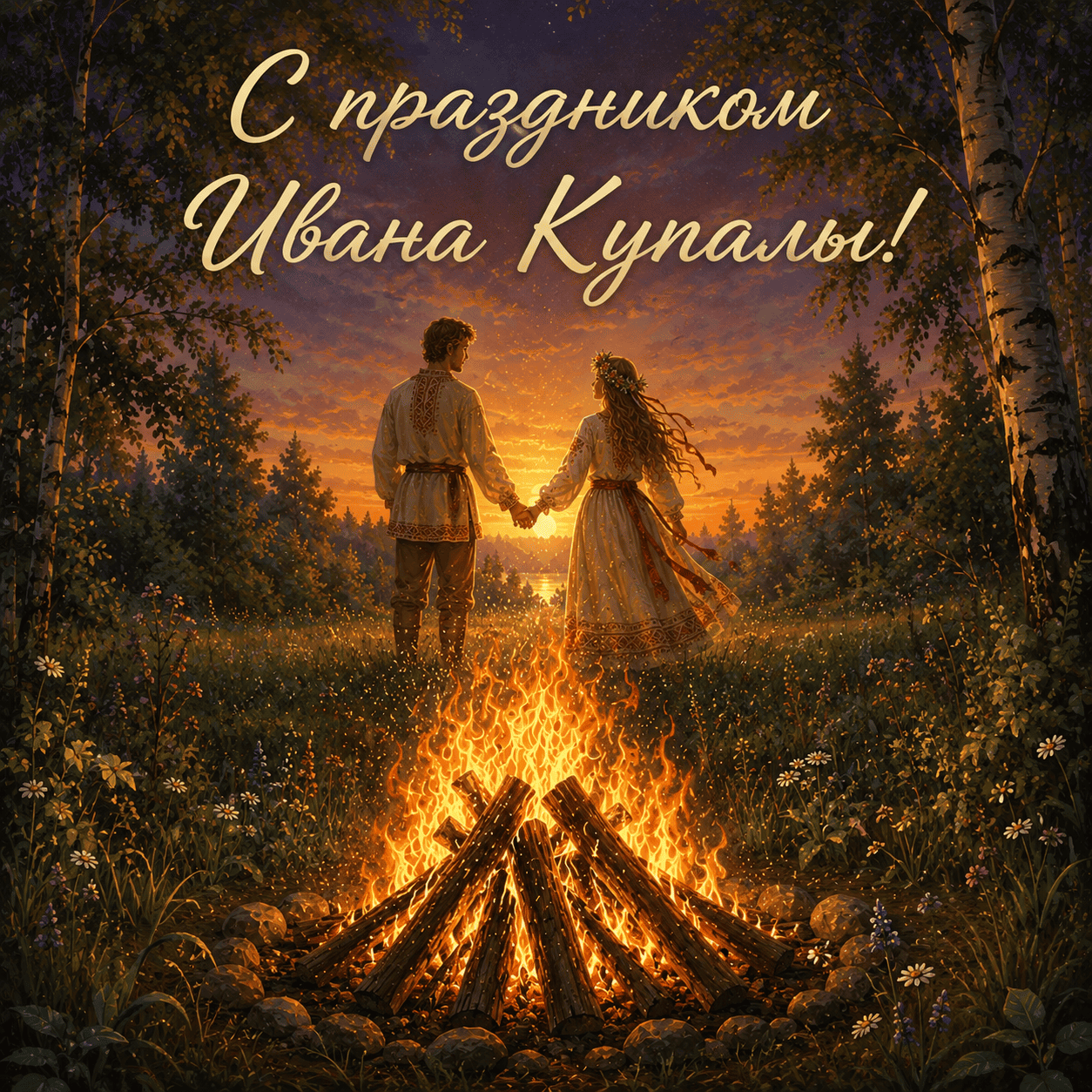 Открытка с парой у костра и надписью «С праздником Ивана Купалы!»
