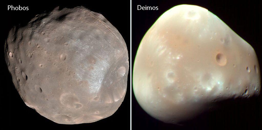 Спутники Марса Фобос и Деймос. Фобос (26,8&times;22,4&times;18,4 км) несколько больше Деймоса (15&times;12,2&times;10,4 км)