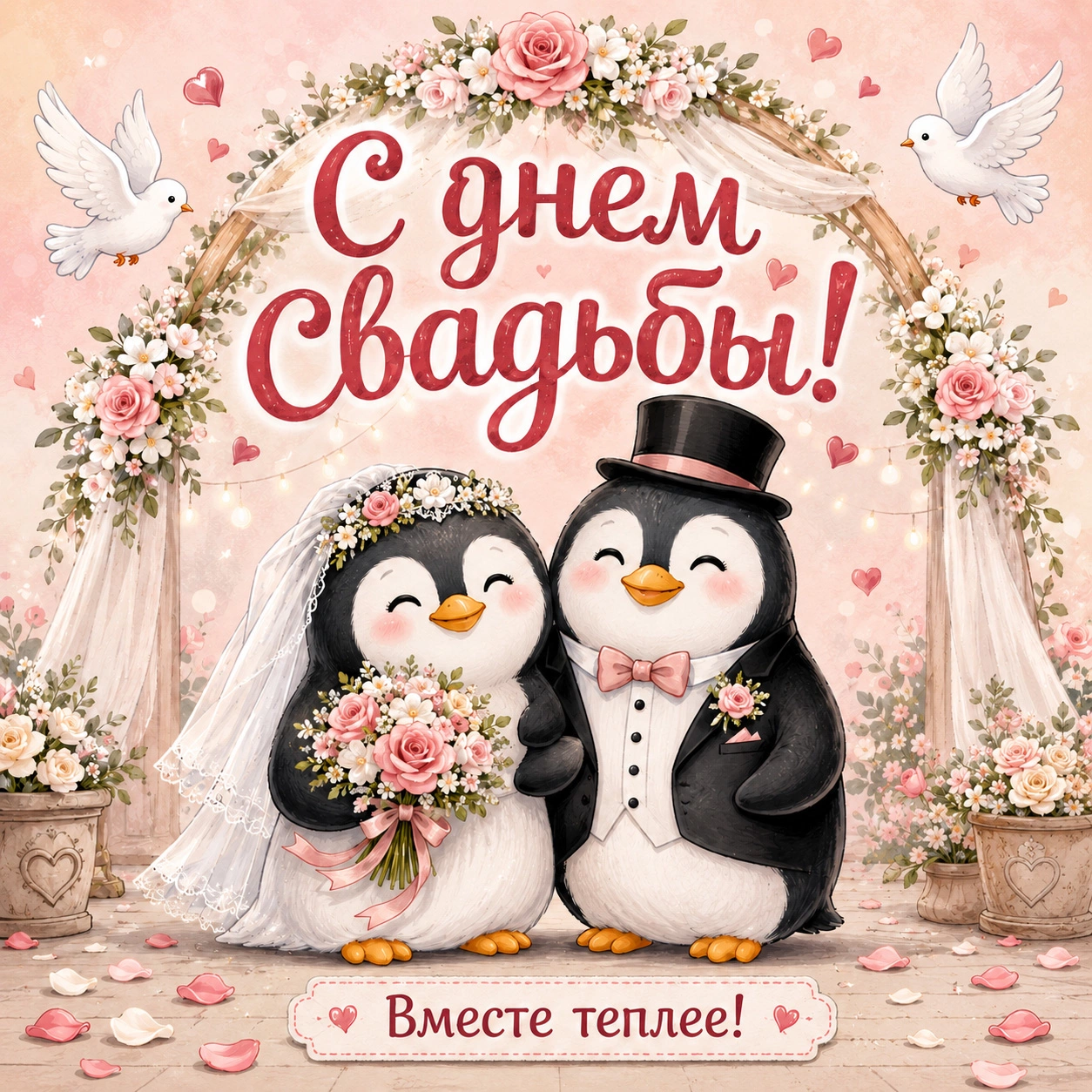 Уютная открытка с пингвинами и надписью «С днем свадьбы! Вместе теплее!»