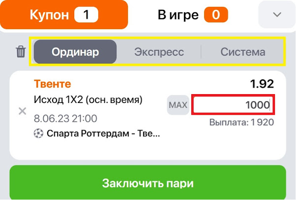 Купон ставки в &laquo;Винлайн&raquo;. Желтым цветом выделены доступные типы пари, красным&nbsp;&mdash; поле для ввода суммы
