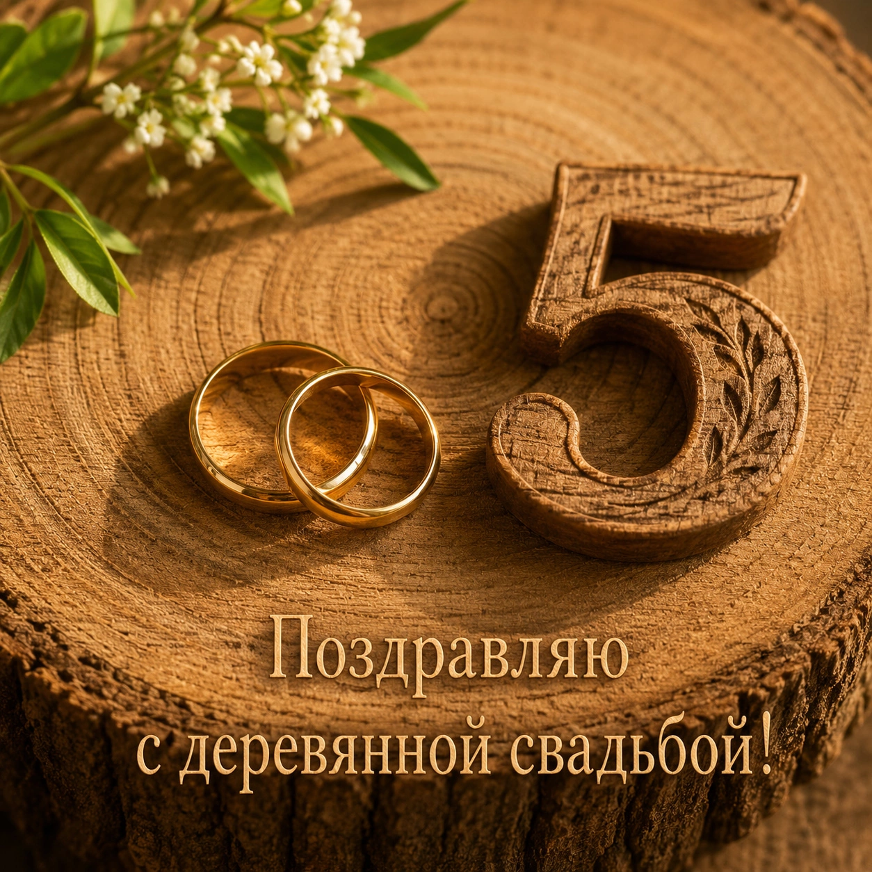 Светлая открытка с надписью «Поздравляю с деревянной свадьбой!»