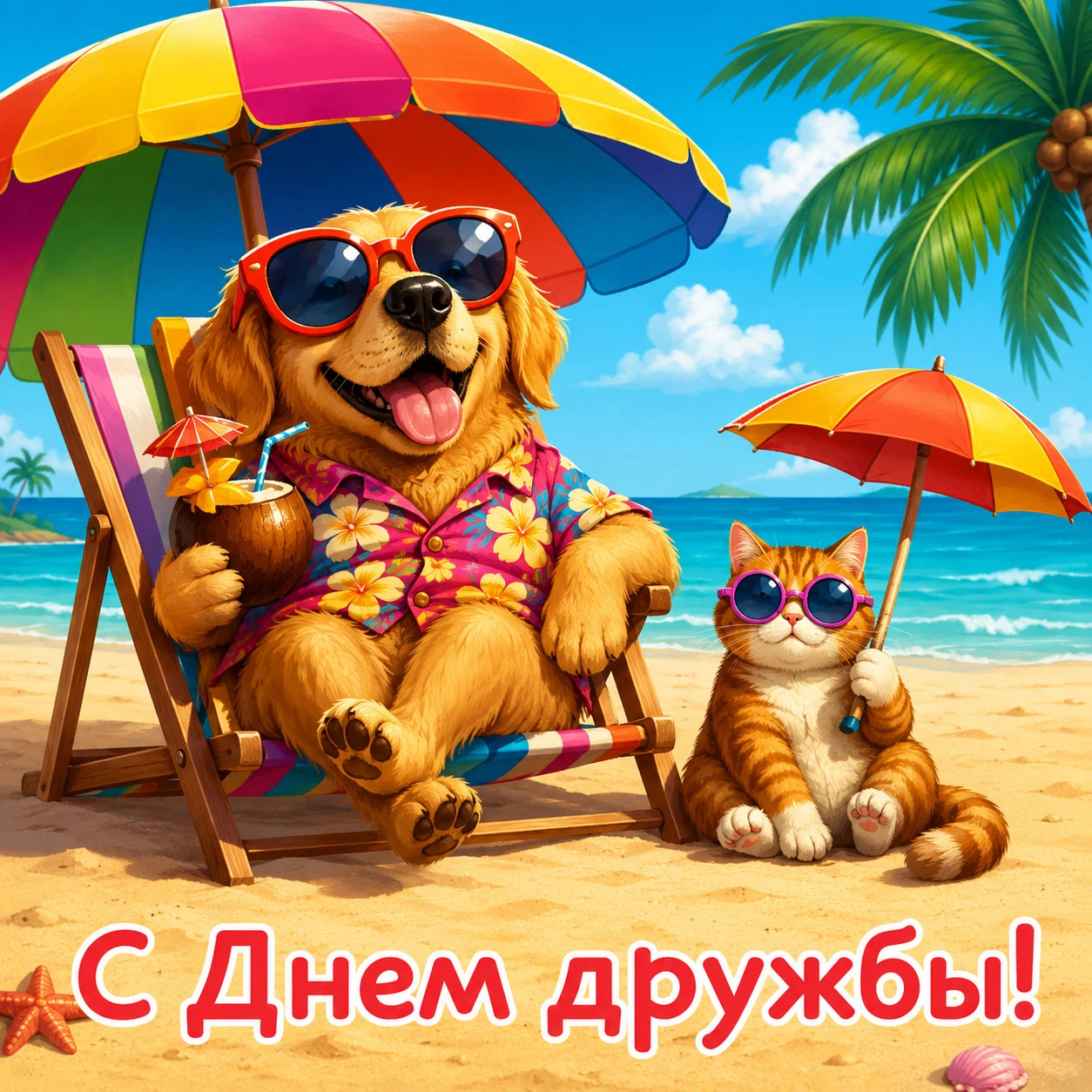 Смешная открытка ко Дню дружбы с животными на пляже